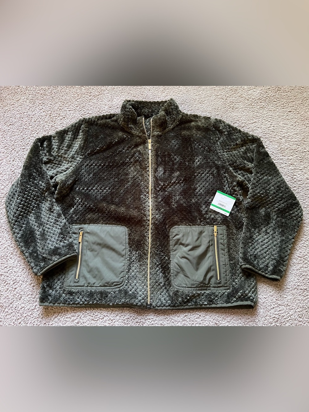 NWT Anne Klein Rosemary Olive Green Fleece Jacket Textured Full Zip Coat Size L